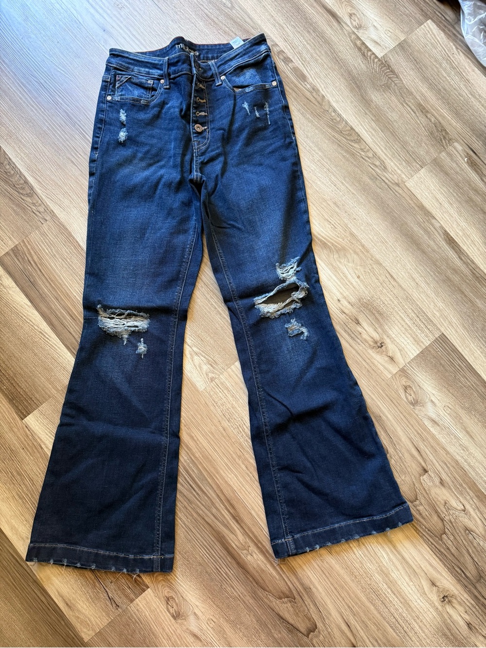 Maurices Dark Blue Distressed Flare Jeans